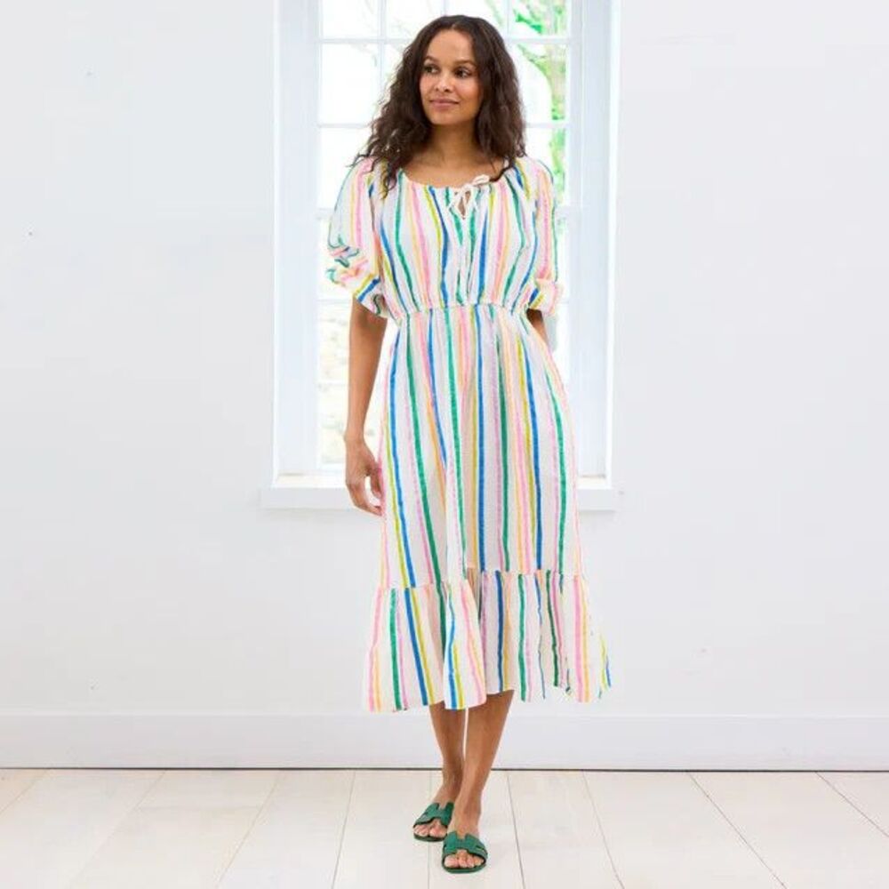 Kerri Rosenthal Harbor Stripe Midi Dress Embroidered Balloon Sleeve L New 285038